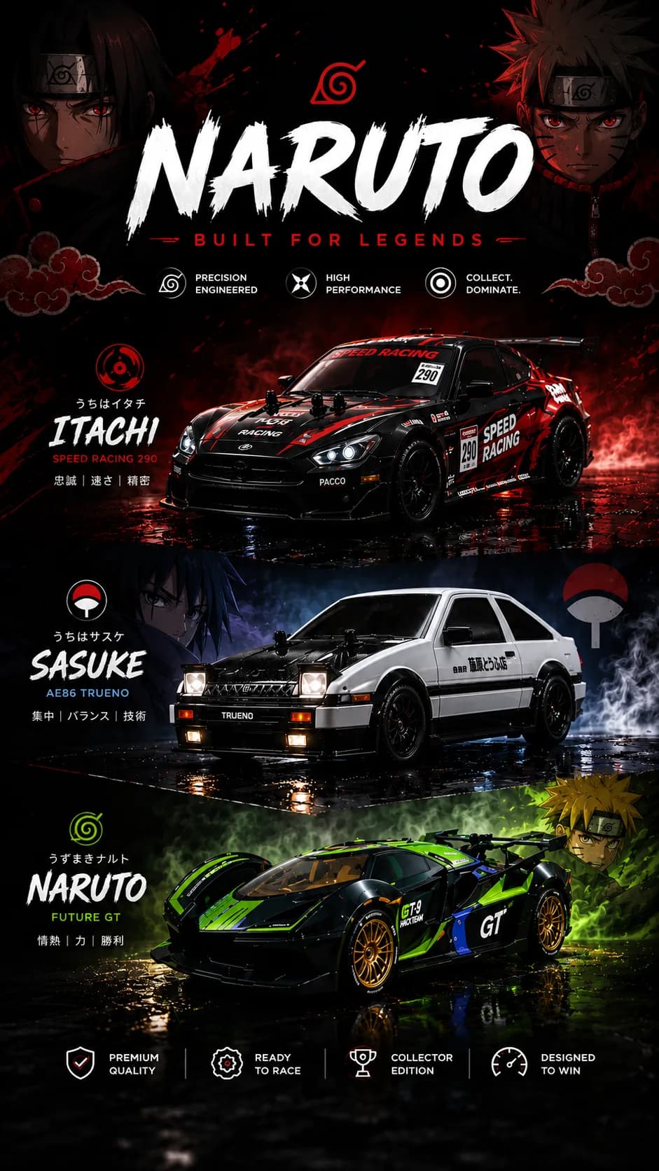 PRC 1:20 scale drift cars — Itachi Speed Racing, Sasuke AE86 Trueno and Naruto Future GT